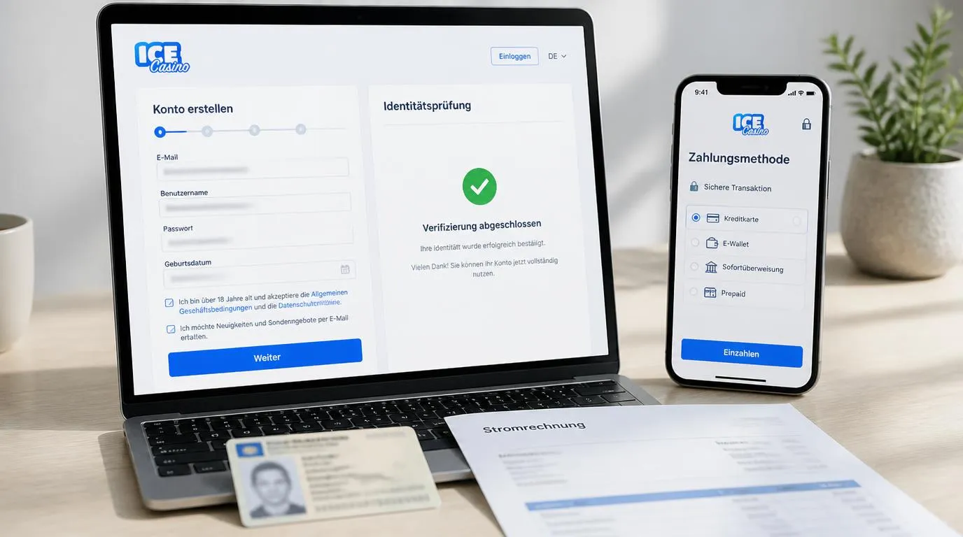 Laptop mit Kontoverifizierung und Smartphone mit Zahlungsübersicht