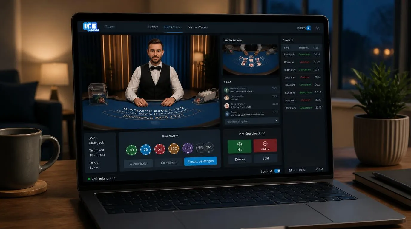 Live-Casino-Tisch mit Dealer-Video, Chat, Wetthistorie und auswählbaren Kameraperspektiven