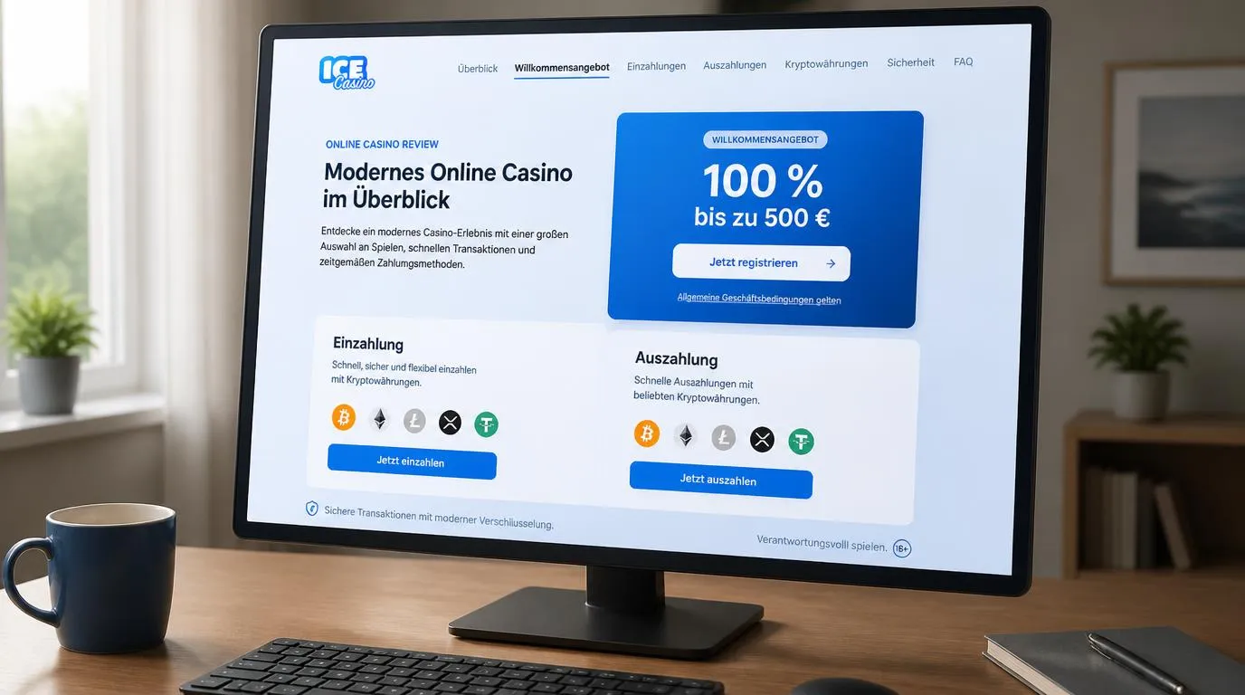 Casino-Oberfläche mit Willkommensangebot und Symbolen für Ein- und Auszahlungen per Kryptowährung