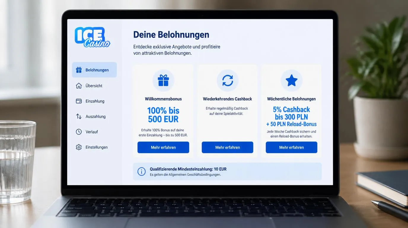 Übersicht mit Willkommensbonus, Cashback und Wochenaktionen auf einem Casino-Bildschirm