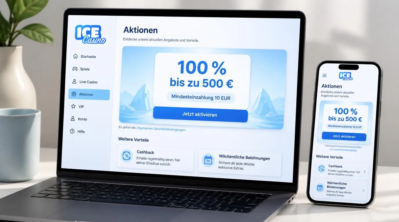 Illustrative Casino-Oberfläche mit Willkommensbonus bis zu 500 € und Mindesteinzahlung von 10 EUR